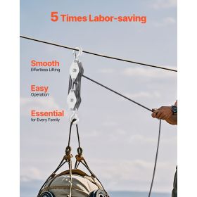 4400 lbs Breaking Strength 100 FT Rope Pulley Hoist, 5:1 Lifting Power Heavy Duty Pulley System with 2pcs Soft Loops, Metal Wheels Bearing Struct