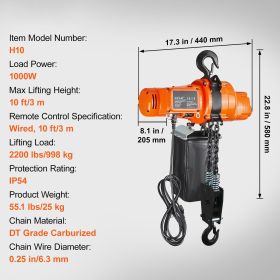 Electric Chain Hoist, 2200 lbs Load Capacity, 10 ft Lifting Height, 6.9 ft/min Speed, 120V, Single Phase Overhead Crane with Chain